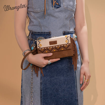 WG233-W018 Wrangler Aztec Embroidered Fringe Wallet/Crossbody -Beige