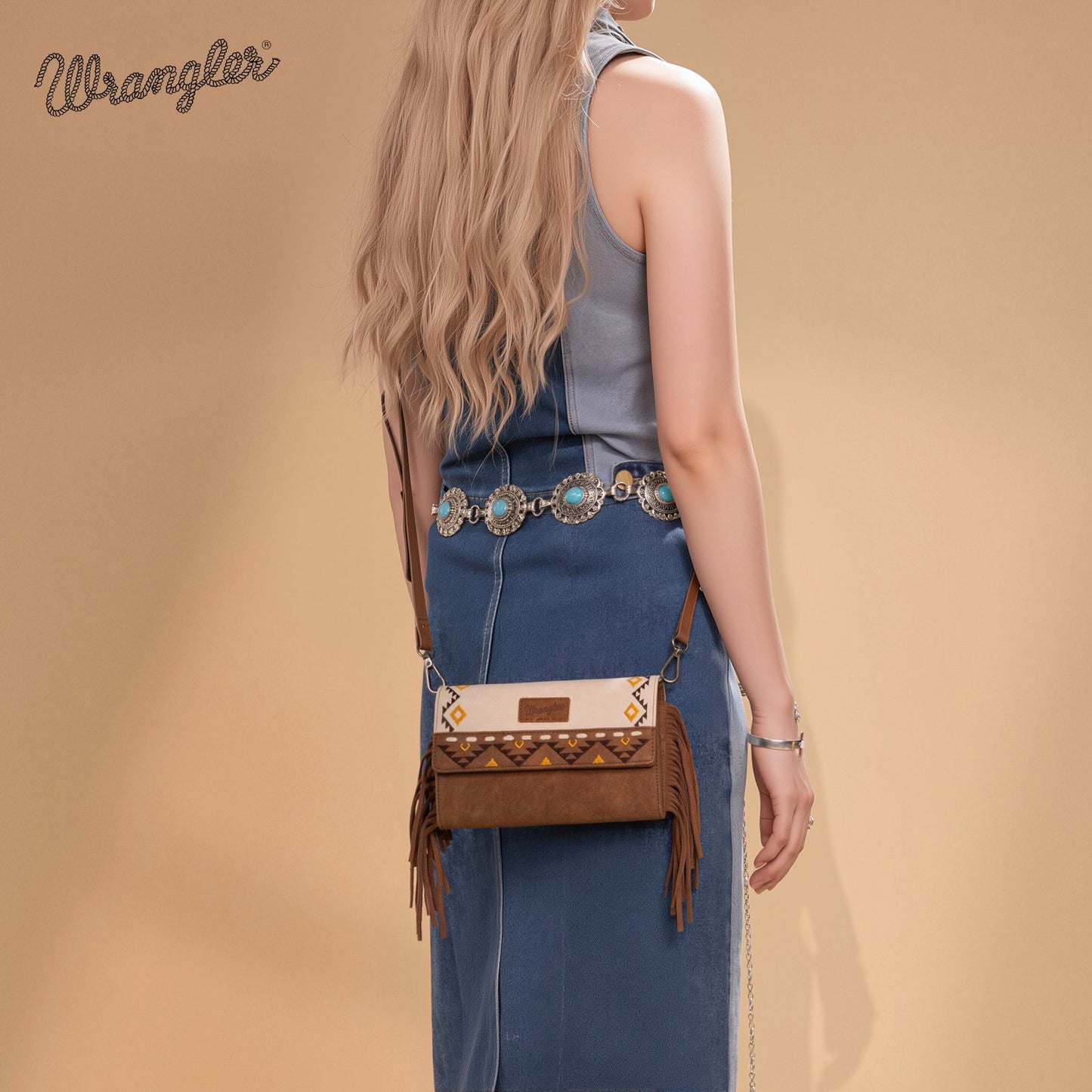 WG233-W018 Wrangler Aztec Embroidered Fringe Wallet/Crossbody -Beige