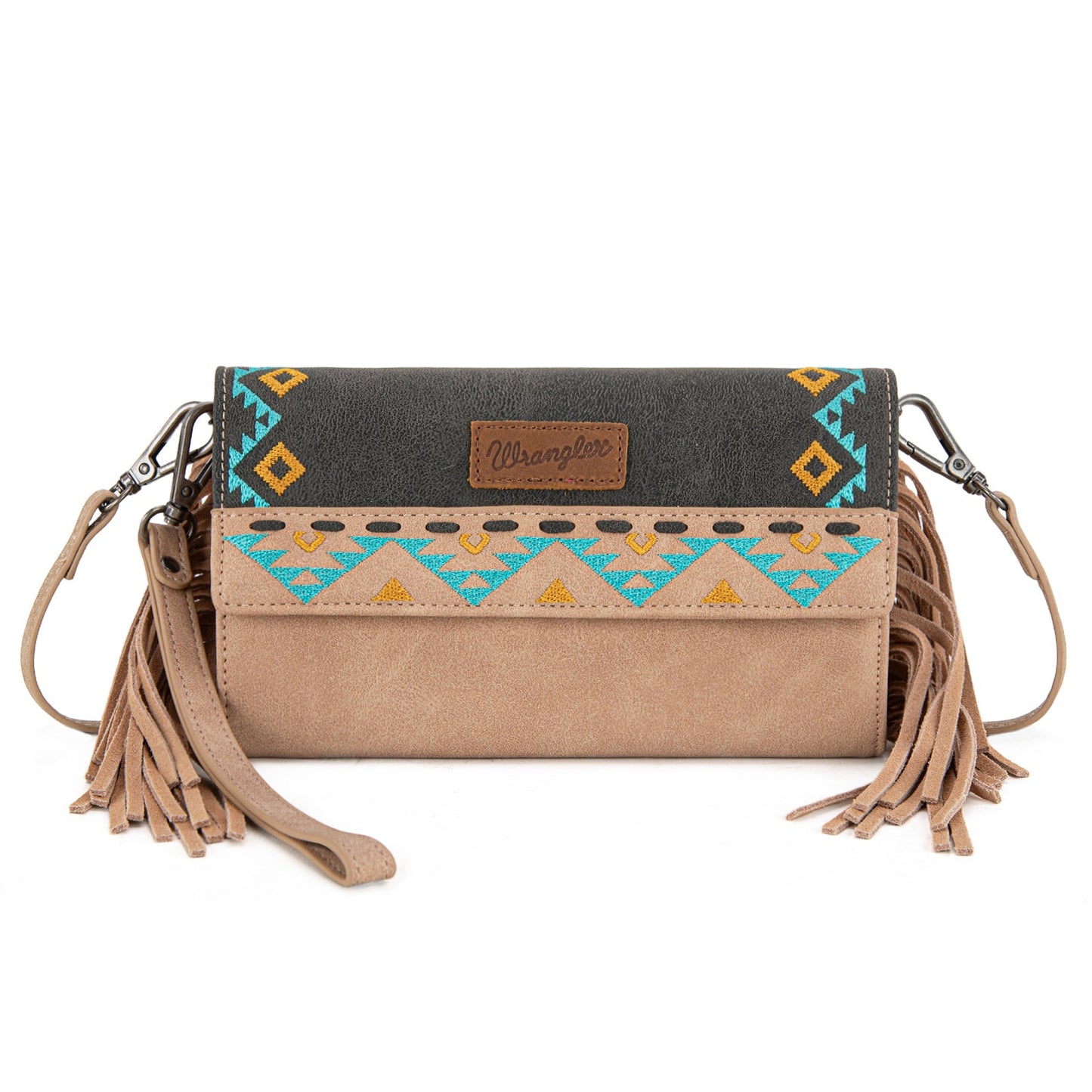 WG233-W018 Wrangler Aztec Embroidered Fringe Wallet/Crossbody -Black