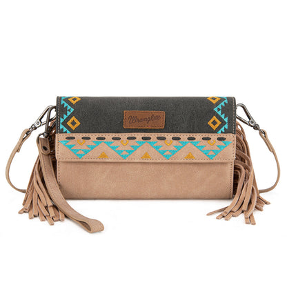 WG233-W018 Wrangler Aztec Embroidered Fringe Wallet/Crossbody -Black
