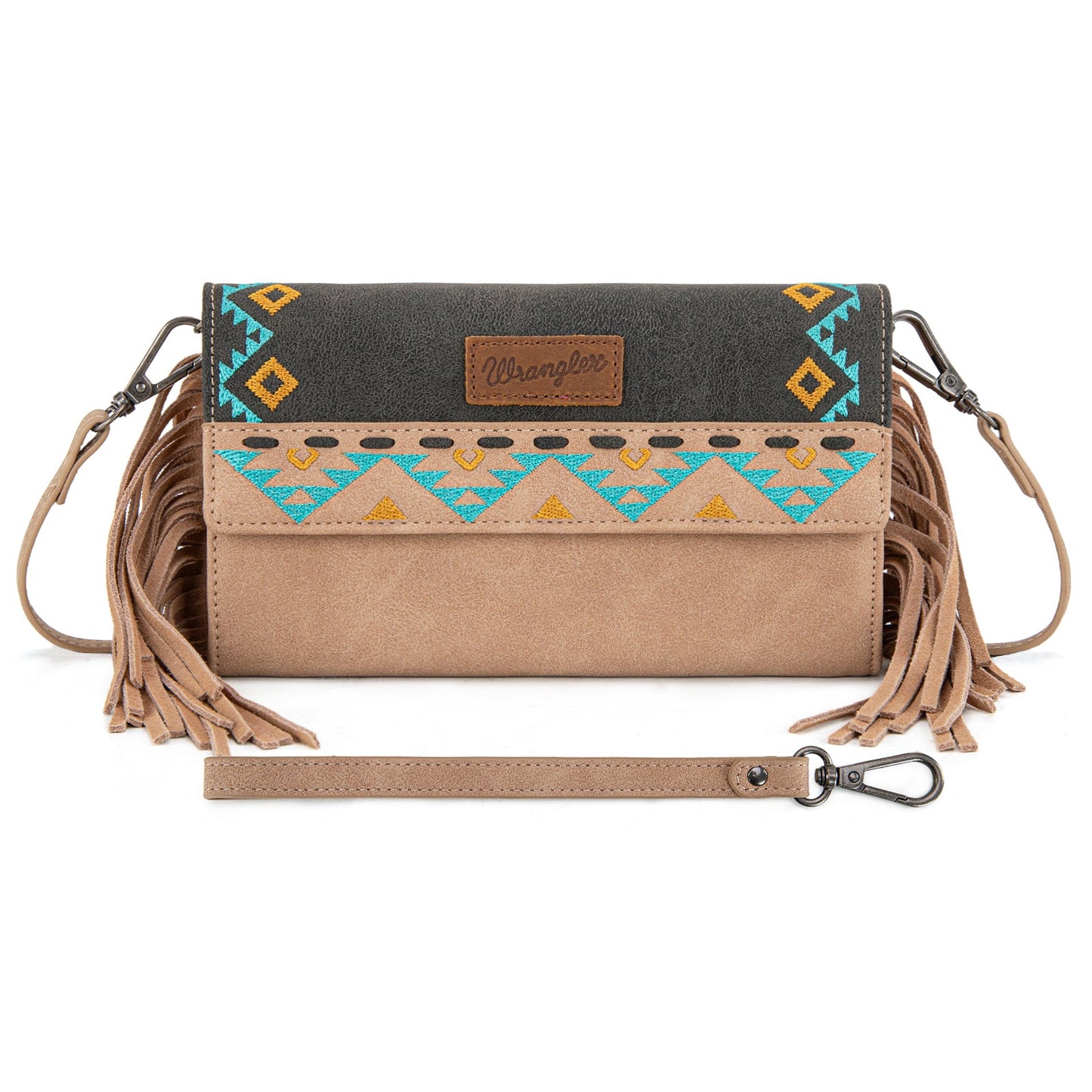 WG233-W018 Wrangler Aztec Embroidered Fringe Wallet/Crossbody -Black