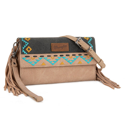 WG233-W018 Wrangler Aztec Embroidered Fringe Wallet/Crossbody -Black