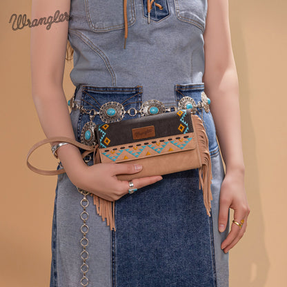 WG233-W018 Wrangler Aztec Embroidered Fringe Wallet/Crossbody -Black