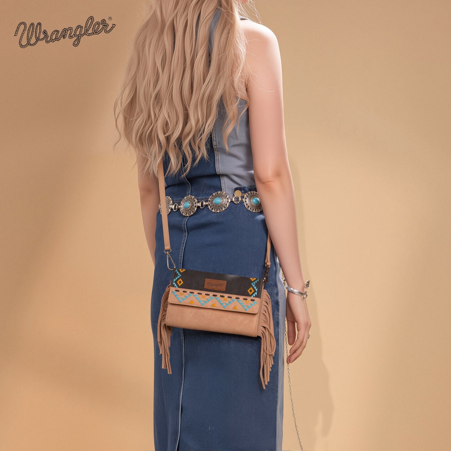 WG233-W018 Wrangler Aztec Embroidered Fringe Wallet/Crossbody -Black