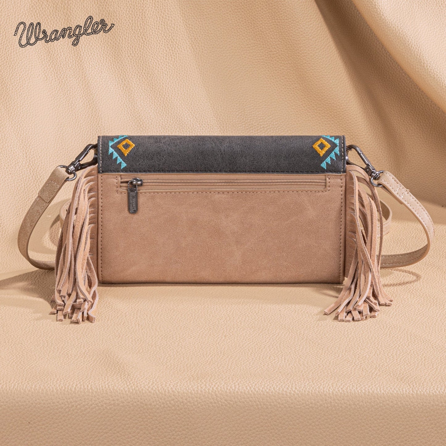 WG233-W018 Wrangler Aztec Embroidered Fringe Wallet/Crossbody -Black