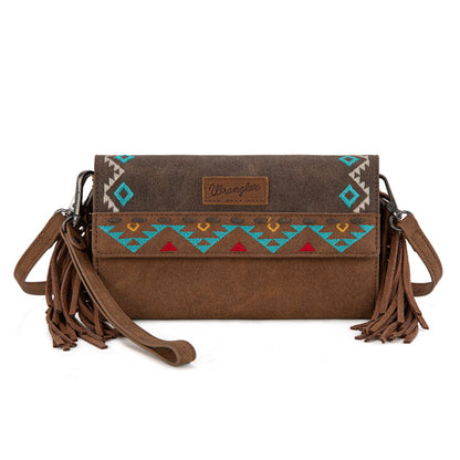 WG233-W018 Wrangler Aztec Embroidered Fringe Wallet/Crossbody -Brown