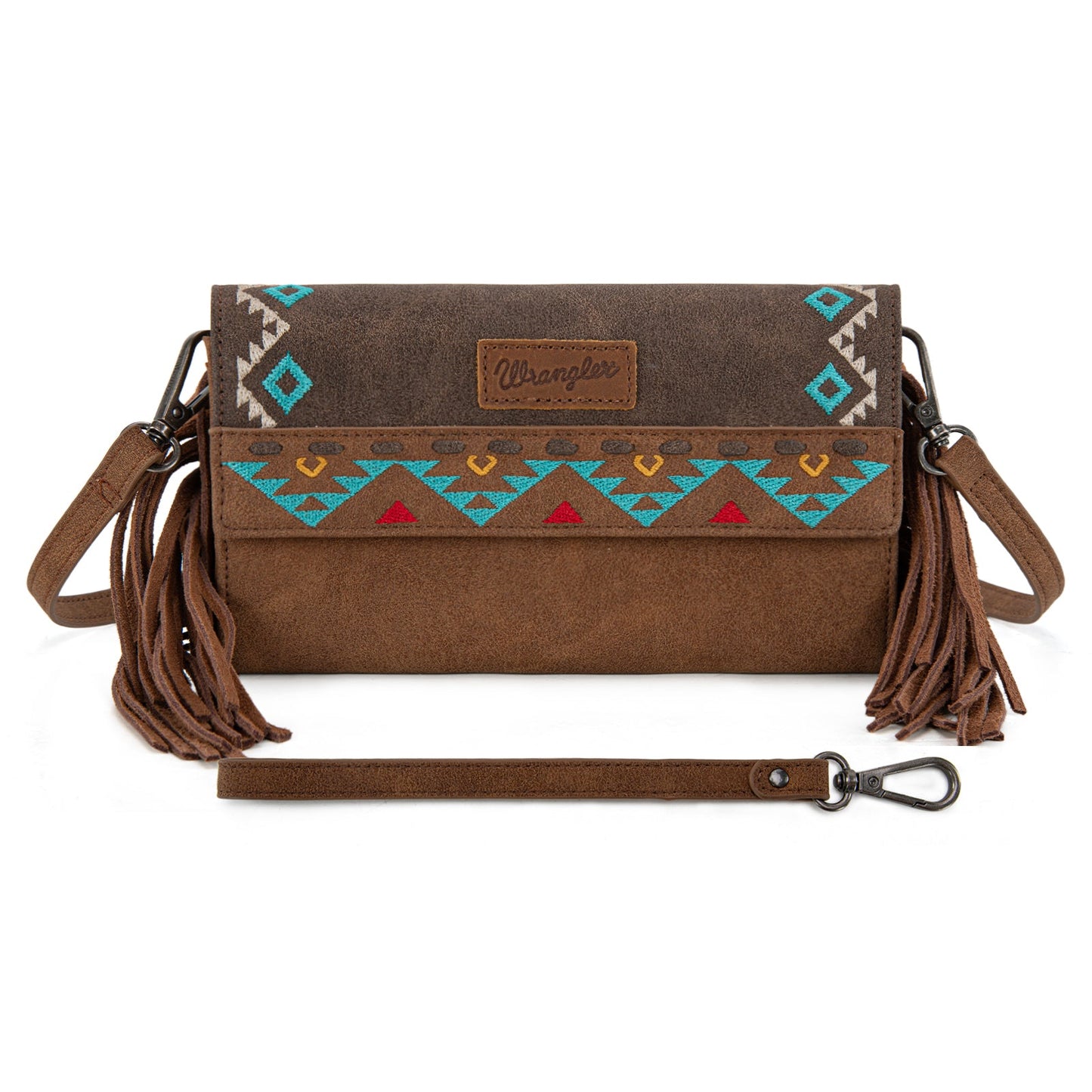WG233-W018 Wrangler Aztec Embroidered Fringe Wallet/Crossbody -Brown