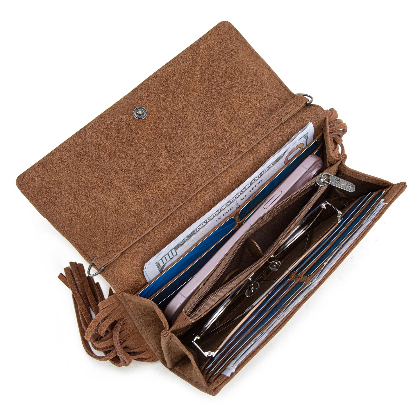 WG233-W018 Wrangler Aztec Embroidered Fringe Wallet/Crossbody -Brown