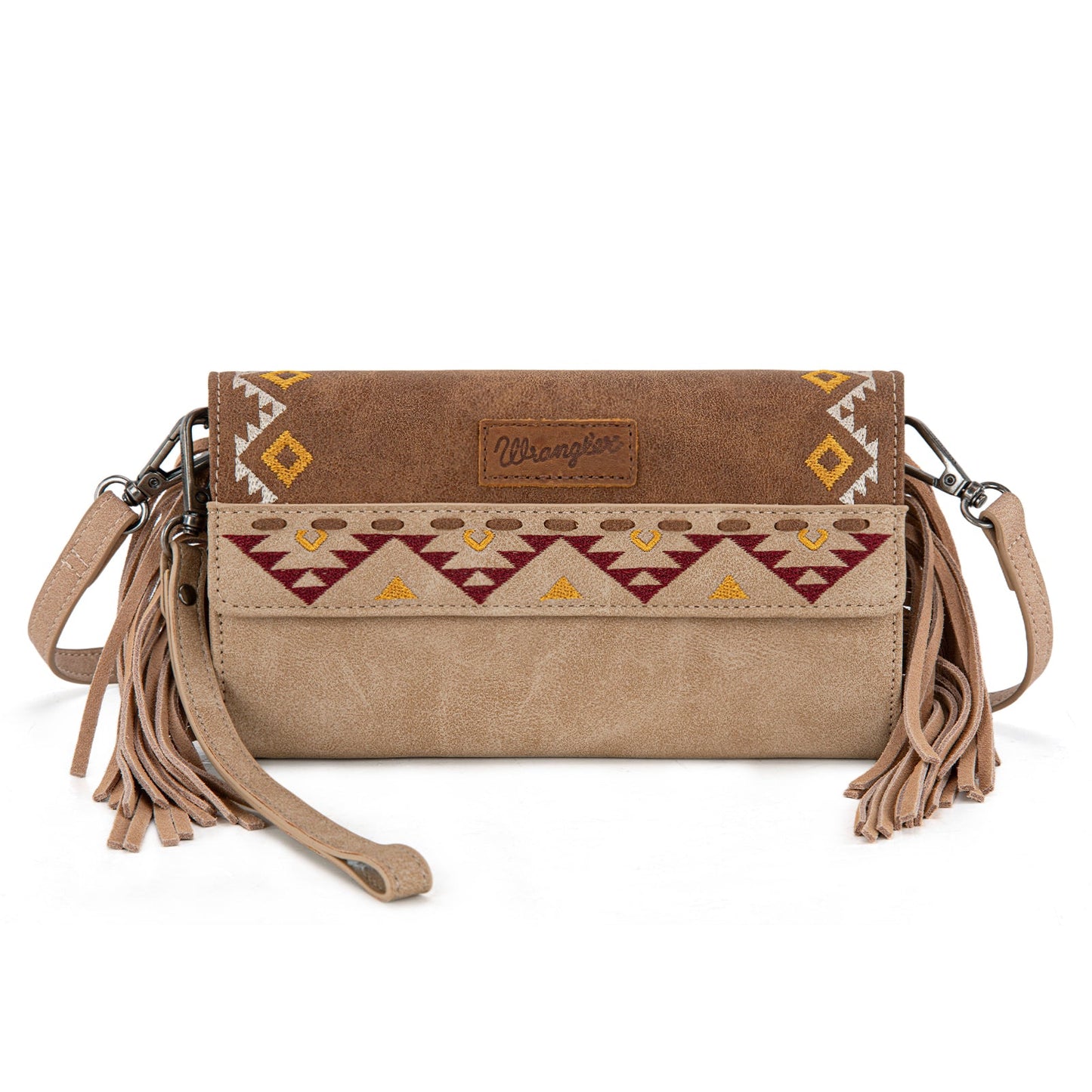 WG233-W018 Wrangler Aztec Embroidered Fringe Wallet/Crossbody -Light Brown