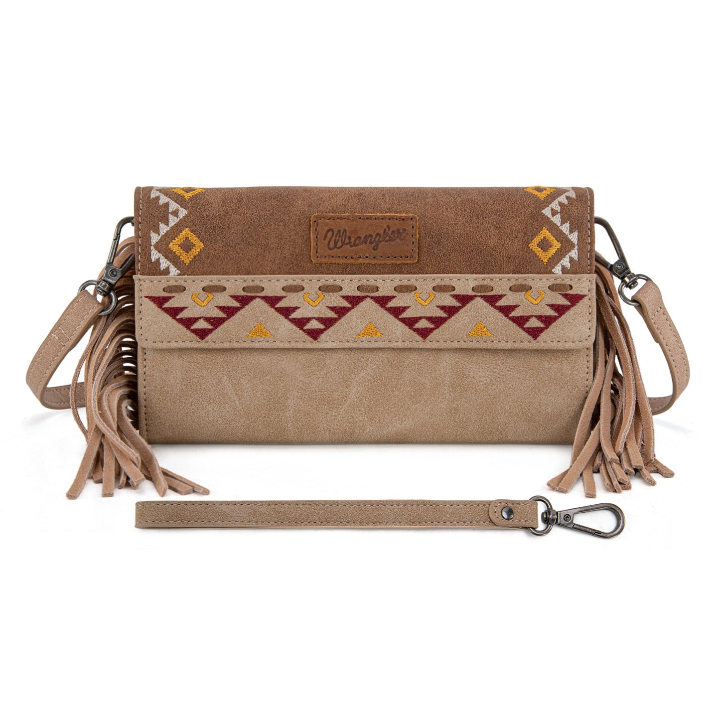 WG233-W018 Wrangler Aztec Embroidered Fringe Wallet/Crossbody -Light Brown