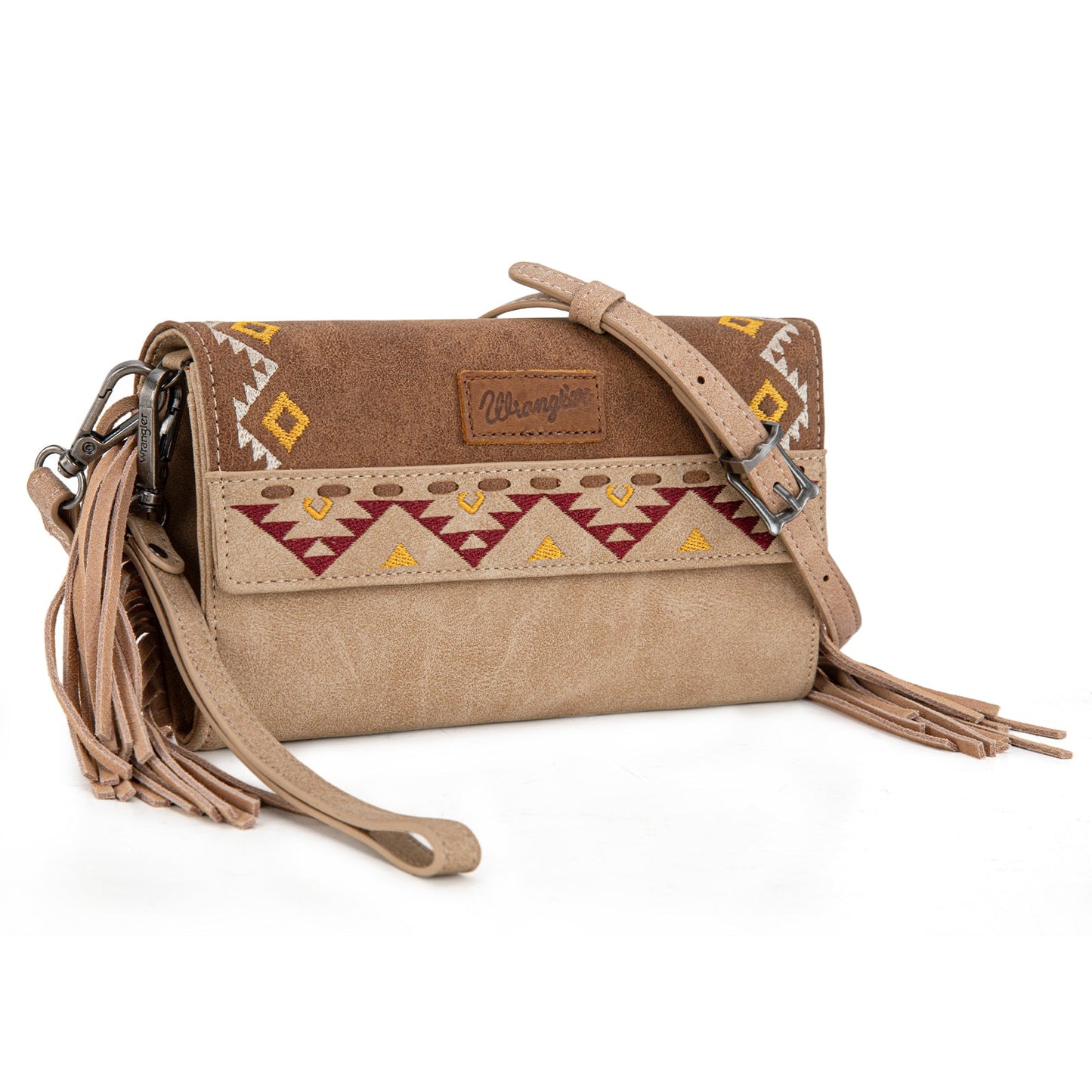 WG233-W018 Wrangler Aztec Embroidered Fringe Wallet/Crossbody -Light Brown