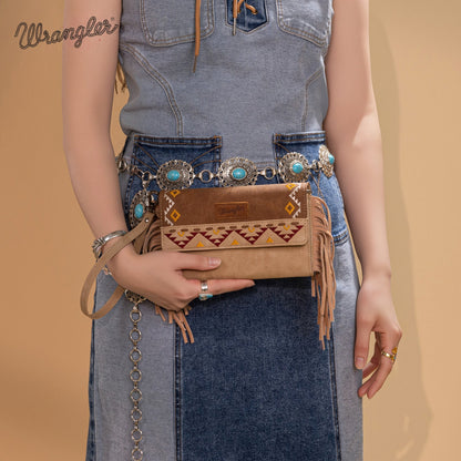 WG233-W018 Wrangler Aztec Embroidered Fringe Wallet/Crossbody -Light Brown