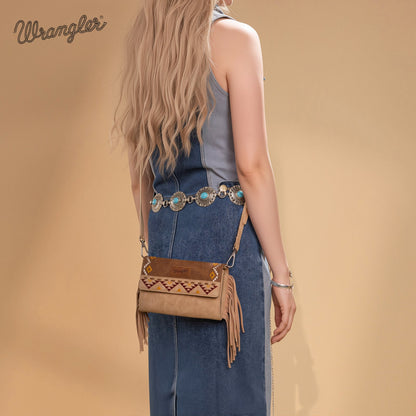 WG233-W018 Wrangler Aztec Embroidered Fringe Wallet/Crossbody -Light Brown