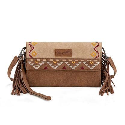 WG233-W018 Wrangler Aztec Embroidered Fringe Wallet/Crossbody -Tan