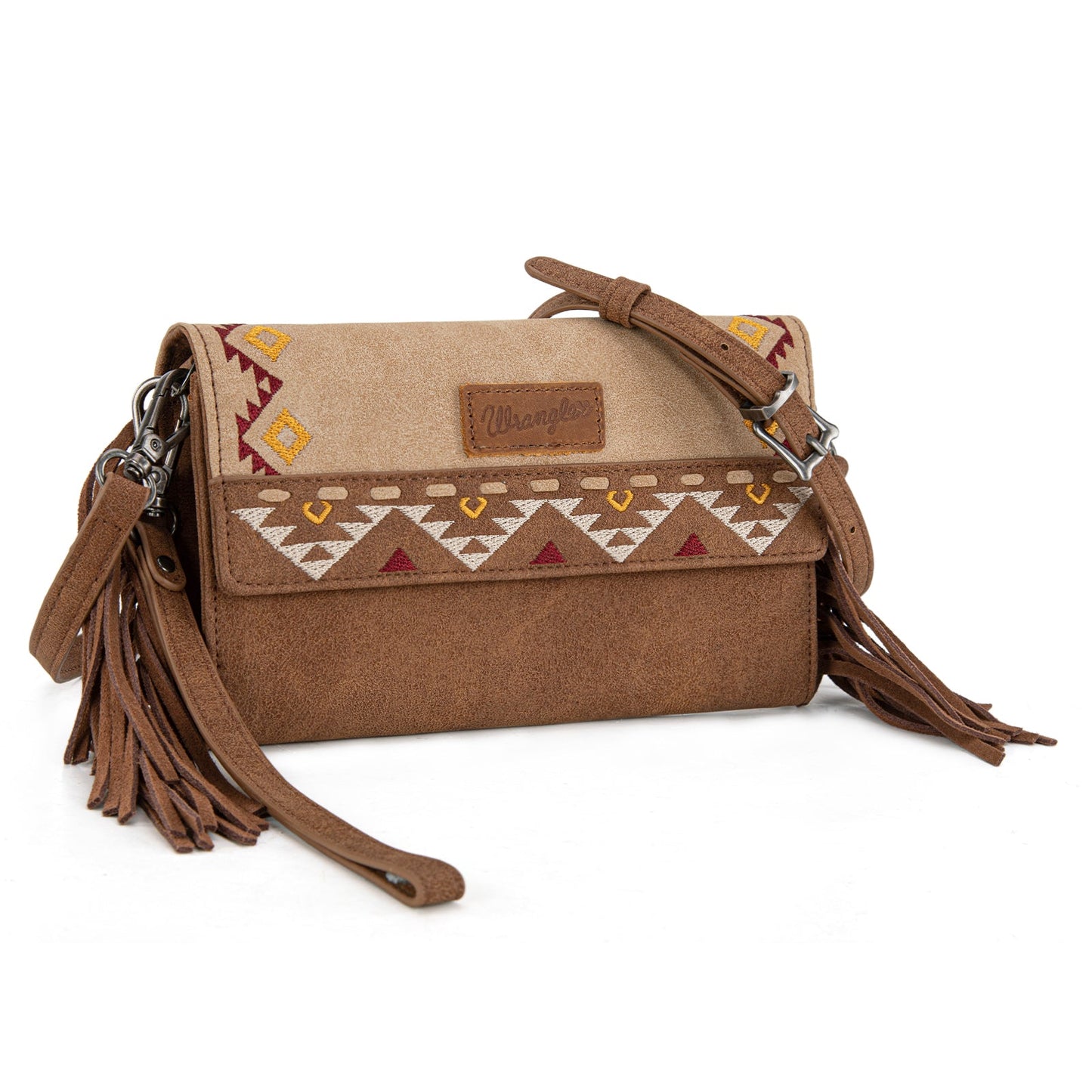 WG233-W018 Wrangler Aztec Embroidered Fringe Wallet/Crossbody -Tan