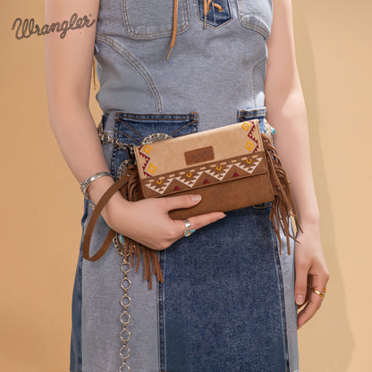 WG233-W018 Wrangler Aztec Embroidered Fringe Wallet/Crossbody -Tan