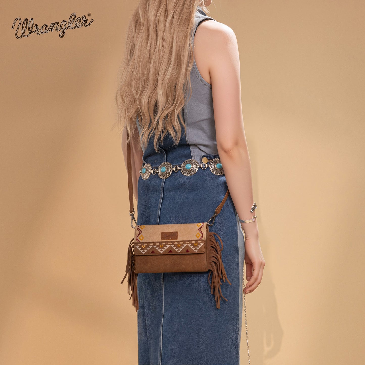 WG233-W018 Wrangler Aztec Embroidered Fringe Wallet/Crossbody -Tan