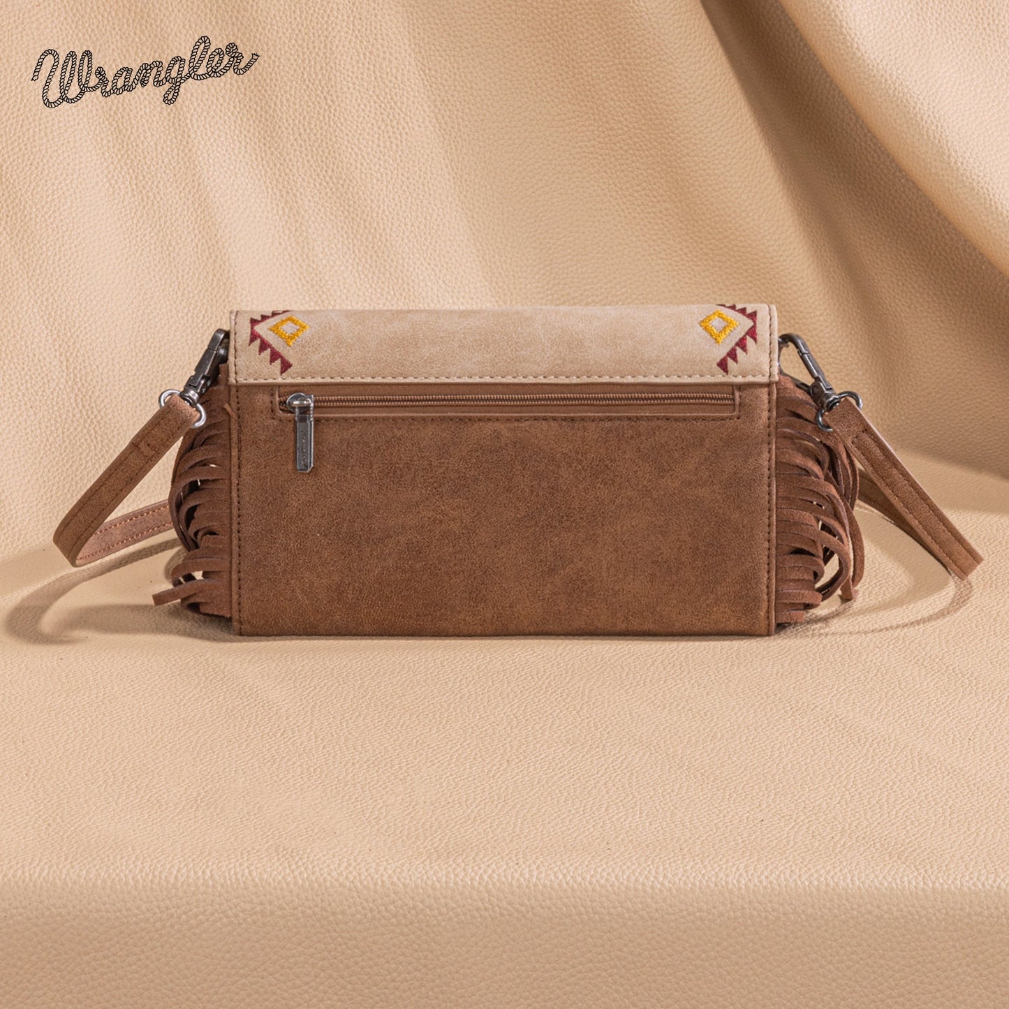 WG233-W018 Wrangler Aztec Embroidered Fringe Wallet/Crossbody -Tan