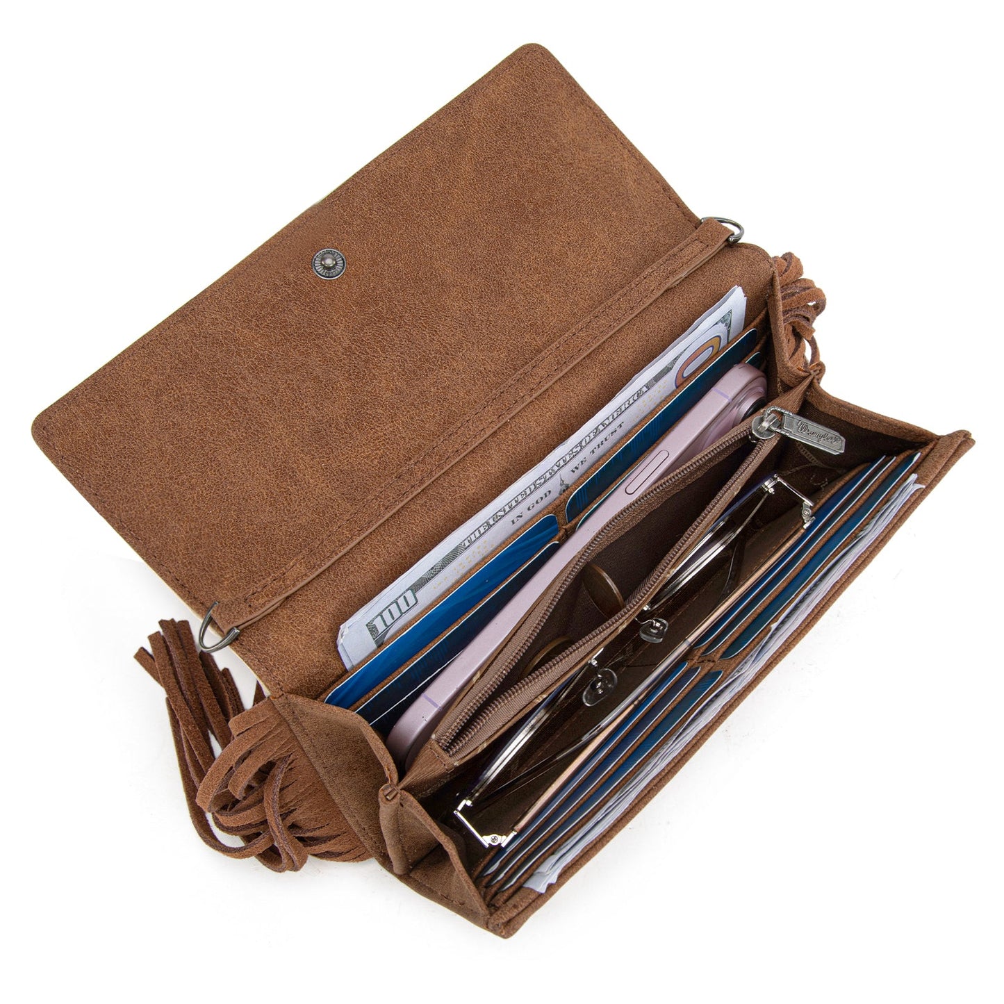 WG233-W018 Wrangler Aztec Embroidered Fringe Wallet/Crossbody -Tan