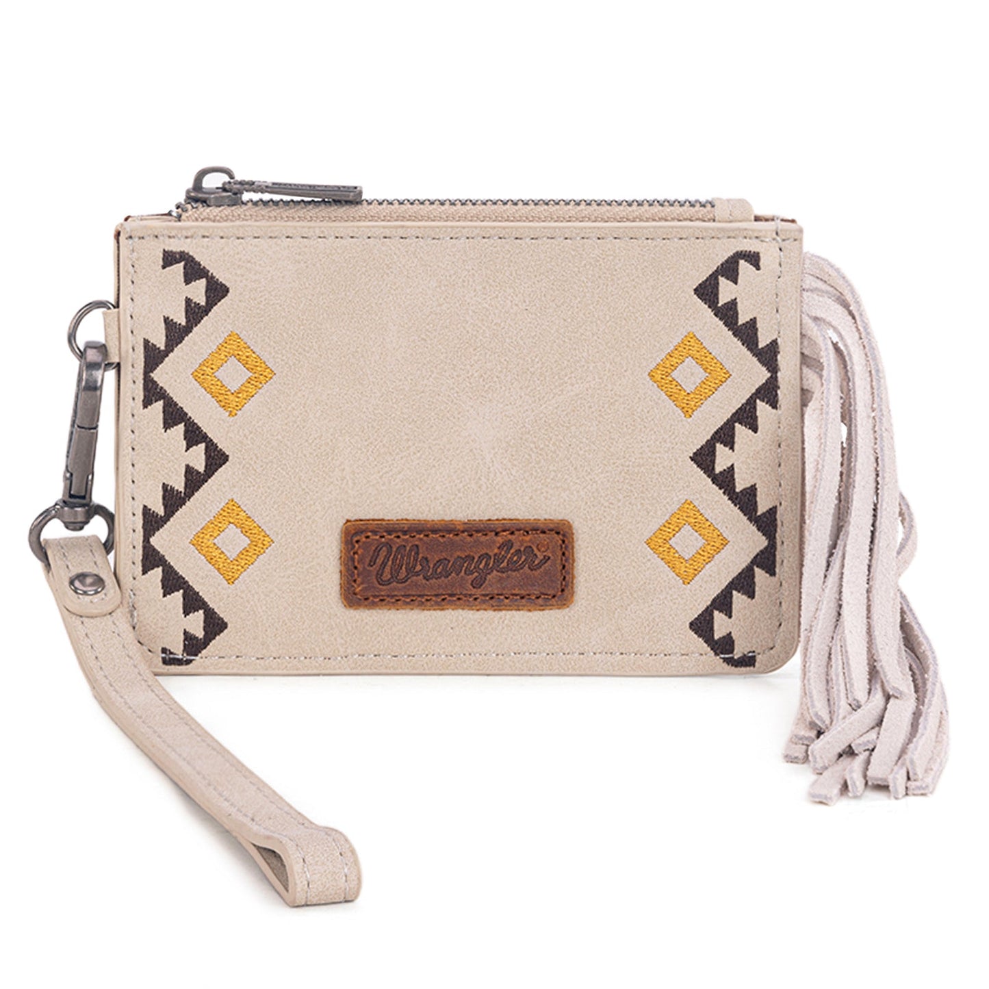 WG233-W069 Wrangler Aztec Embroidered Fringe Card Wallet/Wristlet -Beige