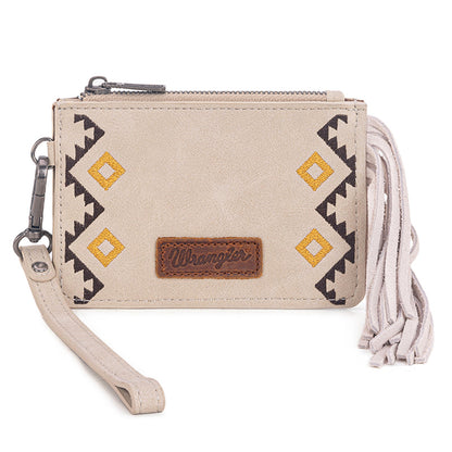 WG233-W069 Wrangler Aztec Embroidered Fringe Card Wallet/Wristlet -Beige