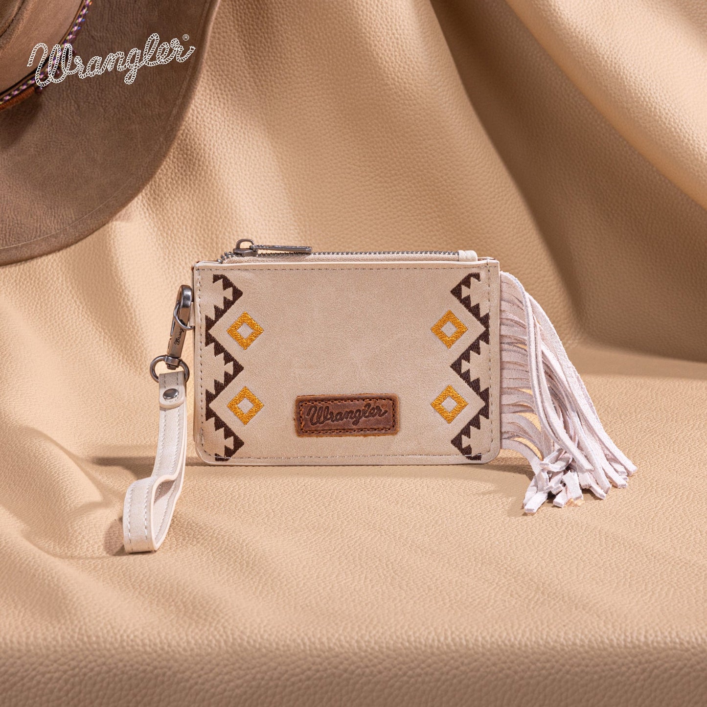 WG233-W069 Wrangler Aztec Embroidered Fringe Card Wallet/Wristlet -Beige