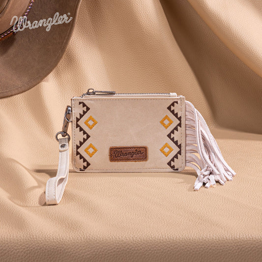 WG233-W069 Wrangler Aztec Embroidered Fringe Card Wallet/Wristlet -Beige
