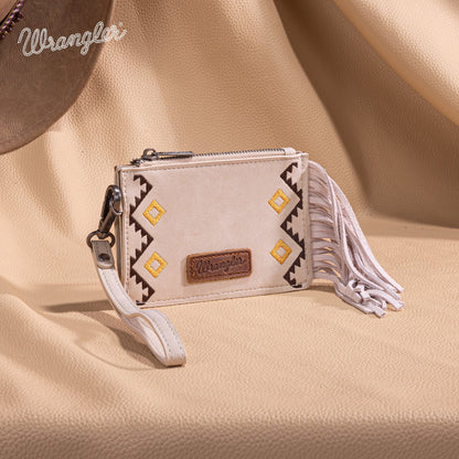 WG233-W069 Wrangler Aztec Embroidered Fringe Card Wallet/Wristlet -Beige