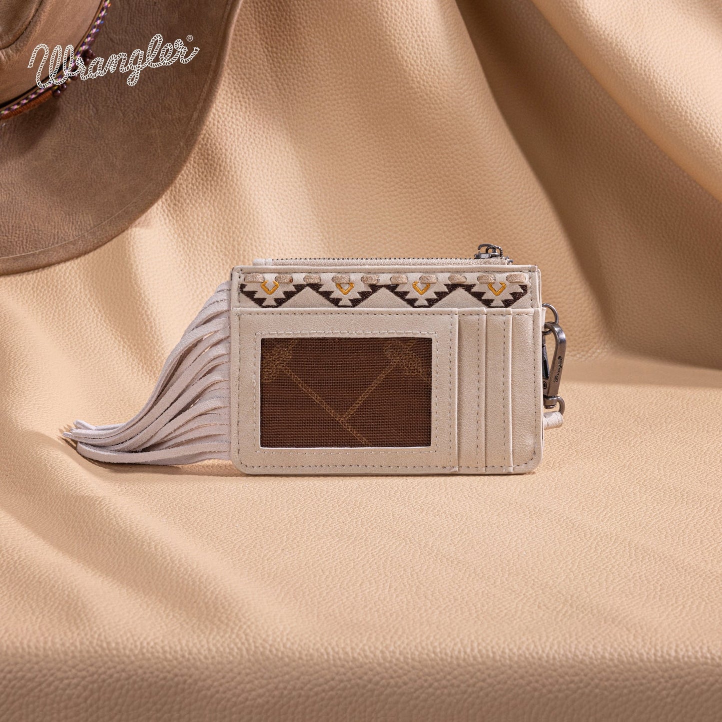 WG233-W069 Wrangler Aztec Embroidered Fringe Card Wallet/Wristlet -Beige