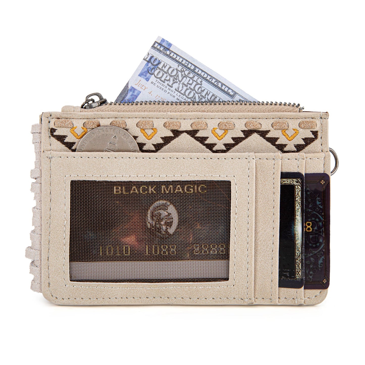 WG233-W069 Wrangler Aztec Embroidered Fringe Card Wallet/Wristlet -Beige