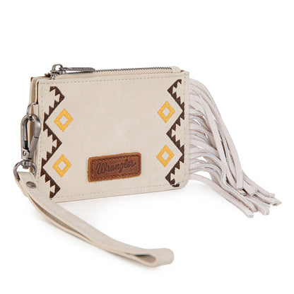 WG233-W069 Wrangler Aztec Embroidered Fringe Card Wallet/Wristlet -Beige