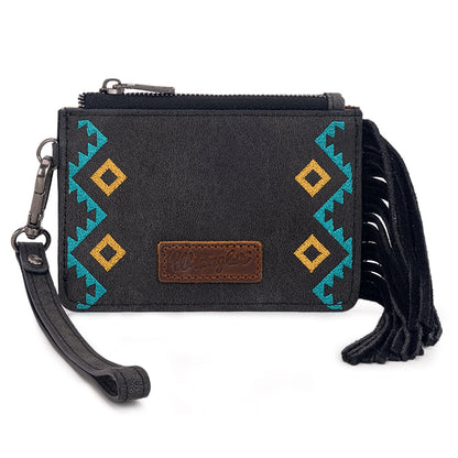 WG233-W069 Wrangler Aztec Embroidered Fringe Card Wallet/Wristlet -Black