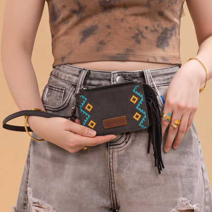 WG233-W069 Wrangler Aztec Embroidered Fringe Card Wallet/Wristlet -Black