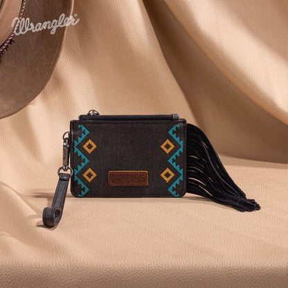 WG233-W069 Wrangler Aztec Embroidered Fringe Card Wallet/Wristlet -Black