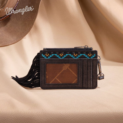 WG233-W069 Wrangler Aztec Embroidered Fringe Card Wallet/Wristlet -Black