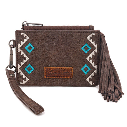 WG233-W069 Wrangler Aztec Embroidered Fringe Card Wallet/Wristlet -Brown