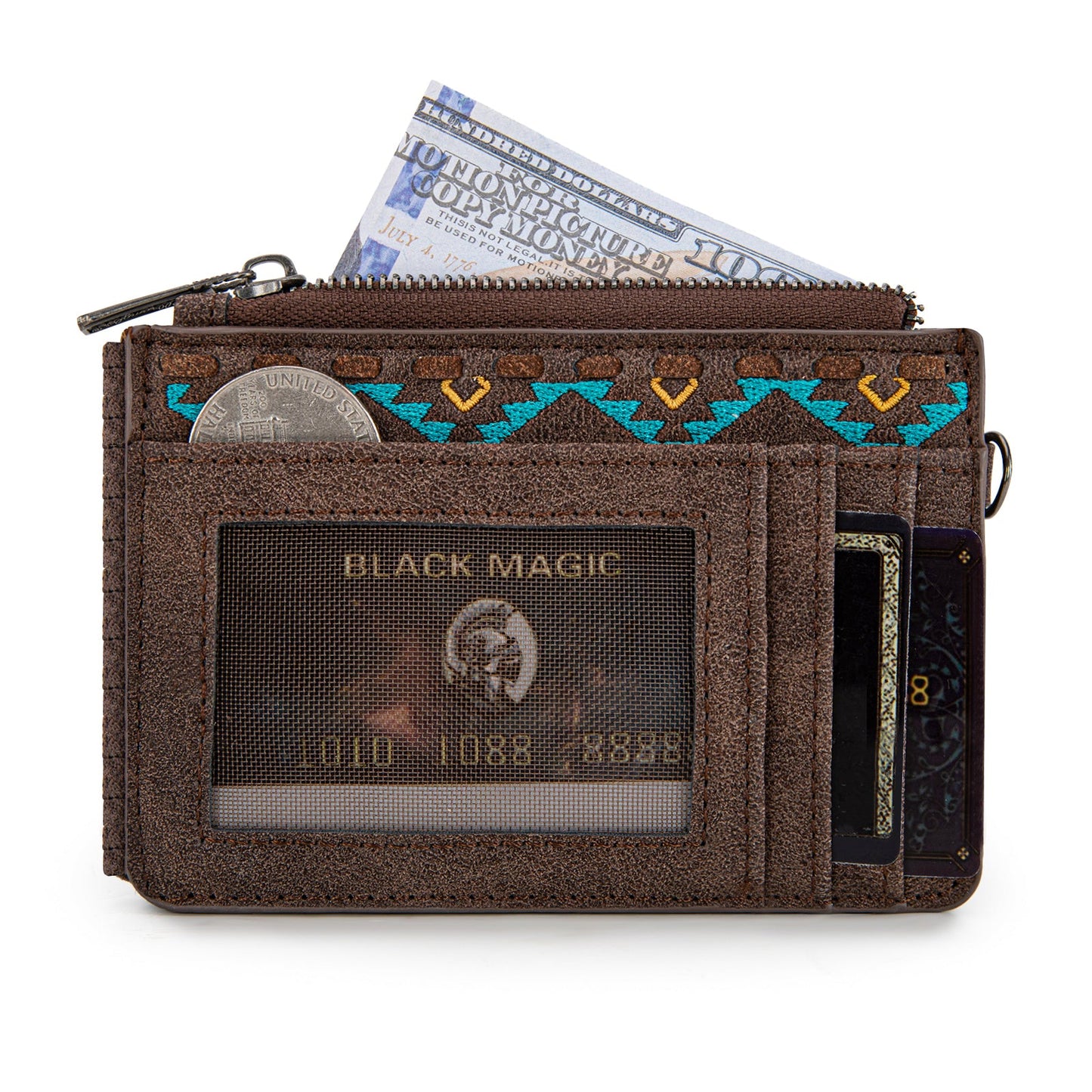 WG233-W069 Wrangler Aztec Embroidered Fringe Card Wallet/Wristlet -Brown