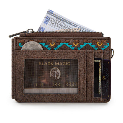 WG233-W069 Wrangler Aztec Embroidered Fringe Card Wallet/Wristlet -Brown