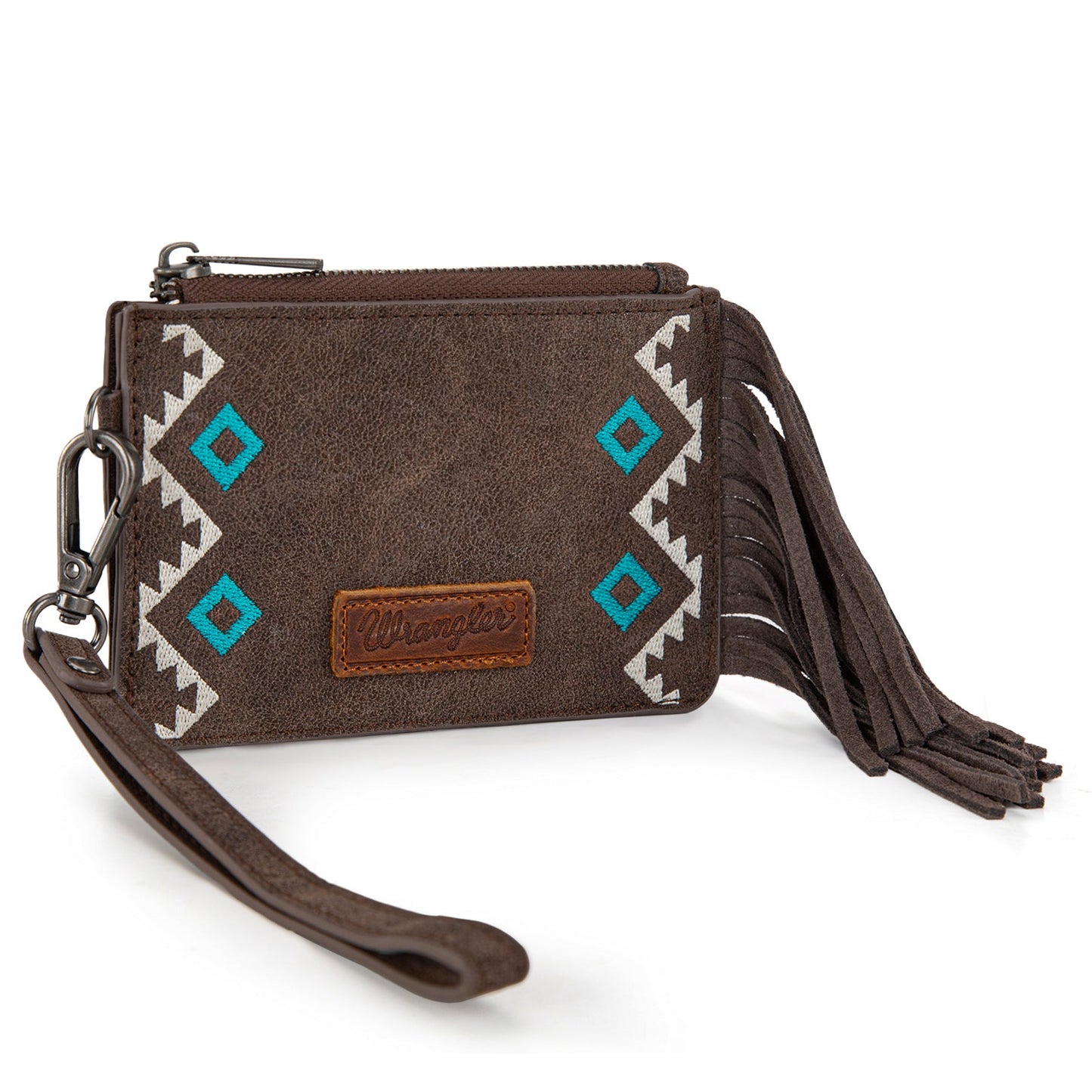 WG233-W069 Wrangler Aztec Embroidered Fringe Card Wallet/Wristlet -Brown