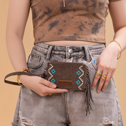 WG233-W069 Wrangler Aztec Embroidered Fringe Card Wallet/Wristlet -Brown