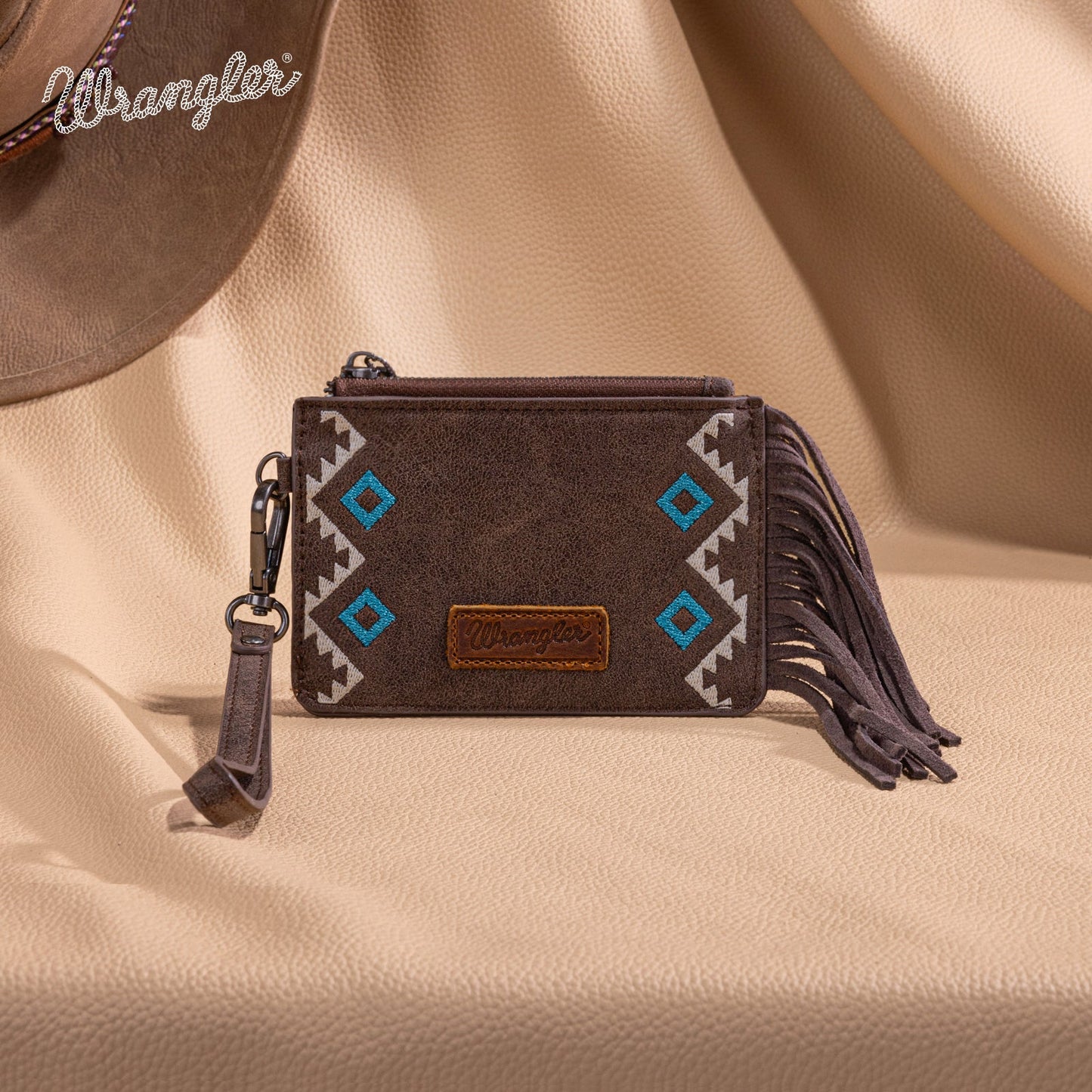 WG233-W069 Wrangler Aztec Embroidered Fringe Card Wallet/Wristlet -Brown