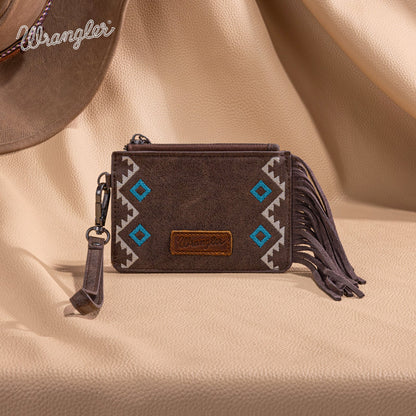 WG233-W069 Wrangler Aztec Embroidered Fringe Card Wallet/Wristlet -Brown