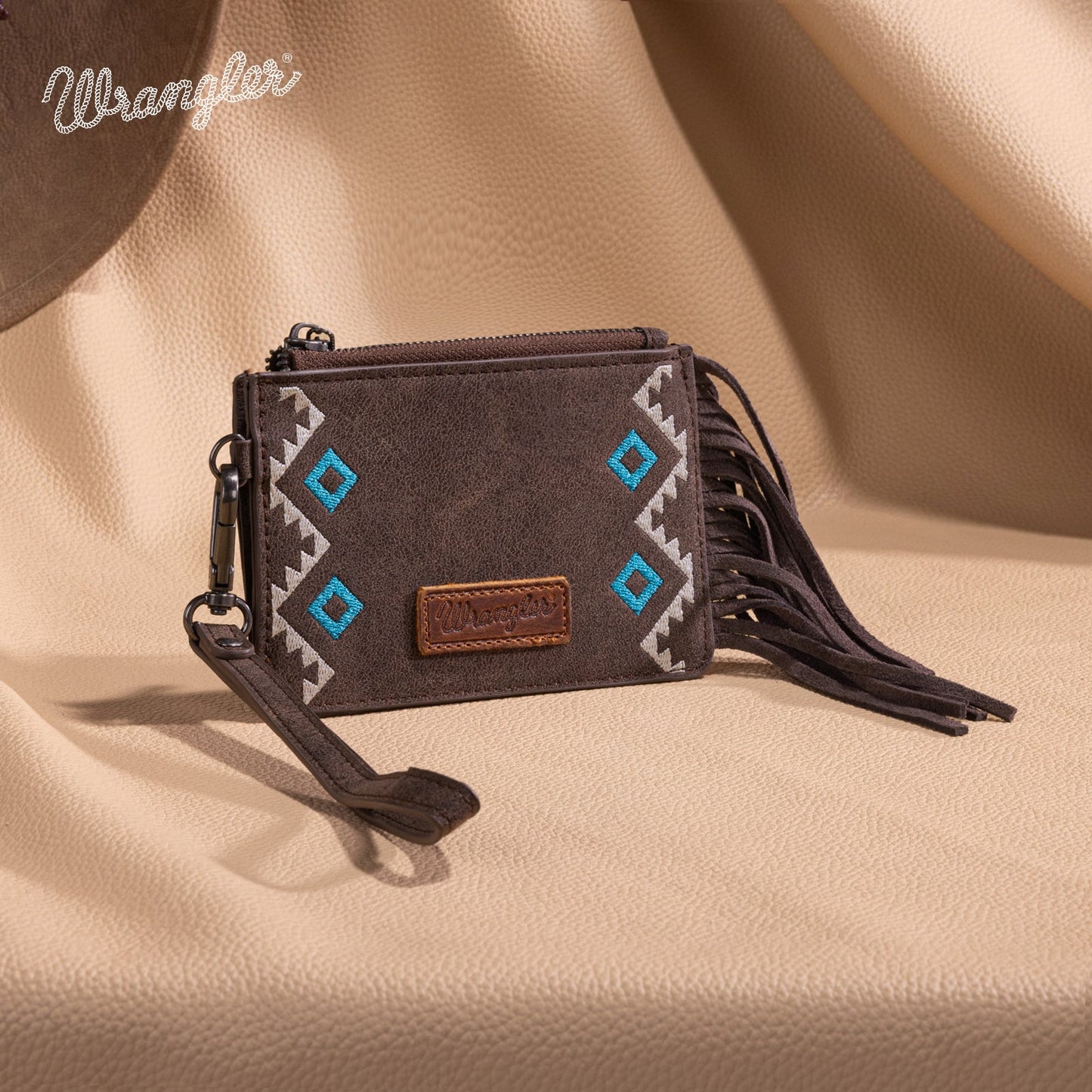 WG233-W069 Wrangler Aztec Embroidered Fringe Card Wallet/Wristlet -Brown
