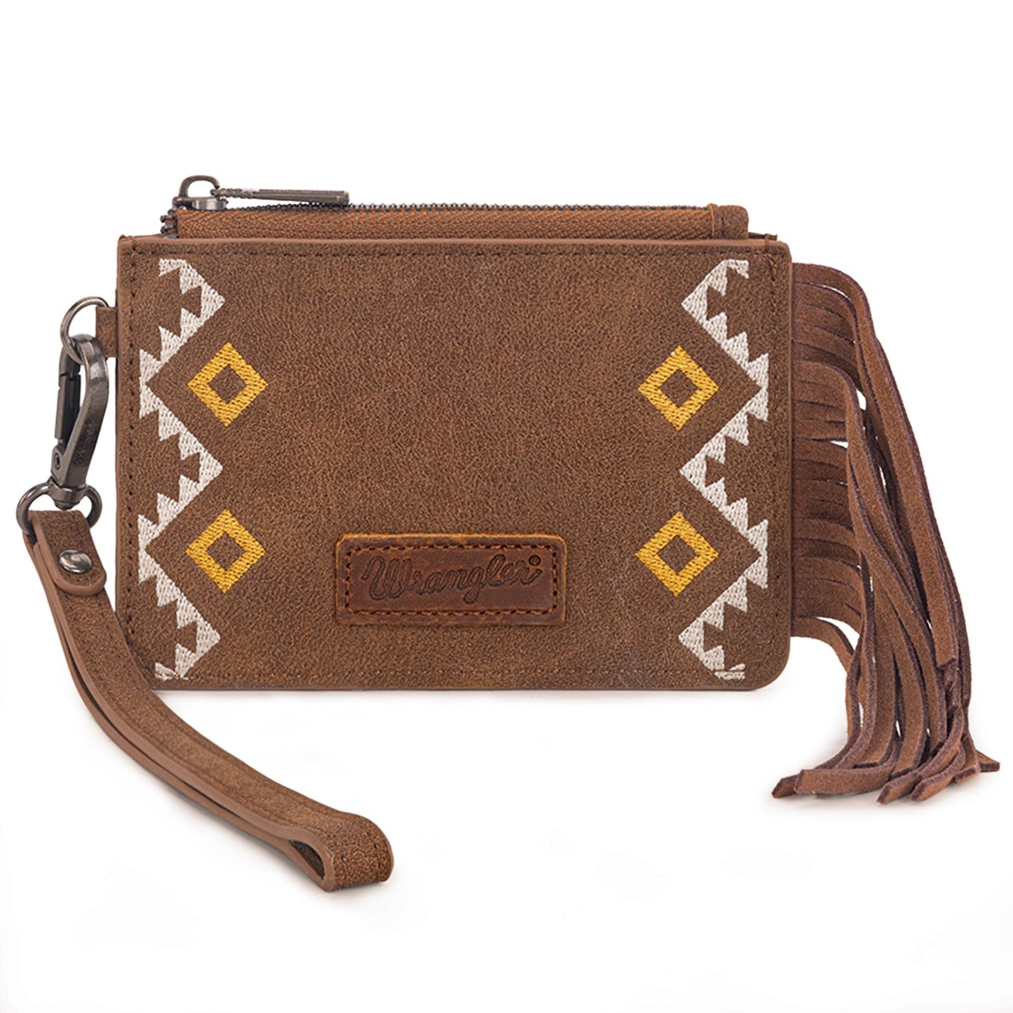 WG233-W069 Wrangler Aztec Embroidered Fringe Card Wallet/Wristlet -Light Brown