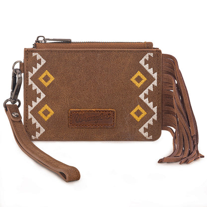 WG233-W069 Wrangler Aztec Embroidered Fringe Card Wallet/Wristlet -Light Brown