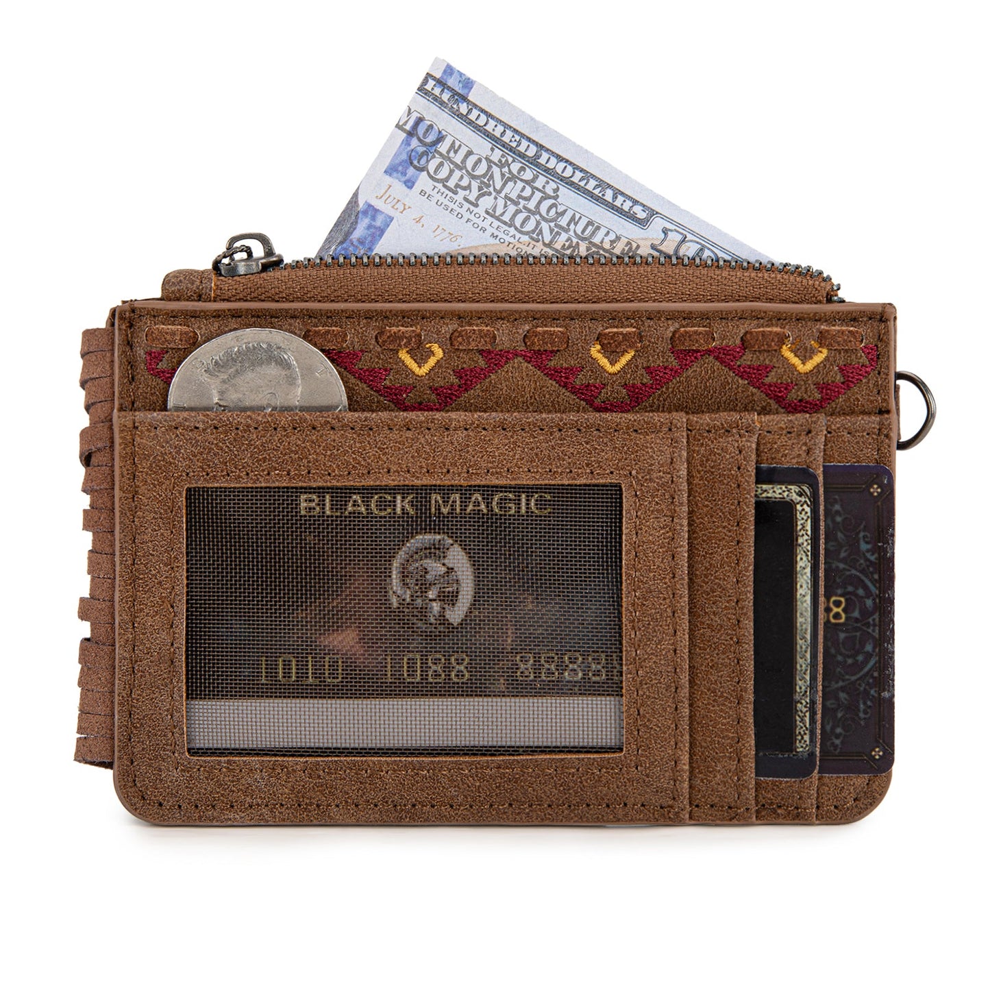 WG233-W069 Wrangler Aztec Embroidered Fringe Card Wallet/Wristlet -Light Brown