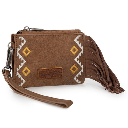 WG233-W069 Wrangler Aztec Embroidered Fringe Card Wallet/Wristlet -Light Brown