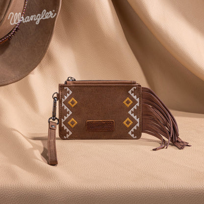 WG233-W069 Wrangler Aztec Embroidered Fringe Card Wallet/Wristlet -Light Brown