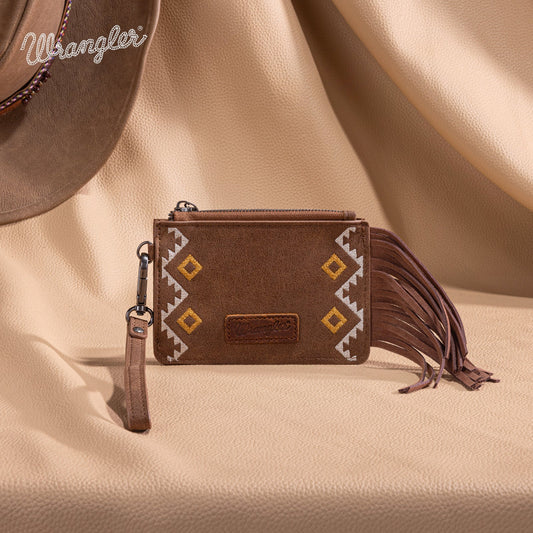 WG233-W069 Wrangler Aztec Embroidered Fringe Card Wallet/Wristlet -Light Brown