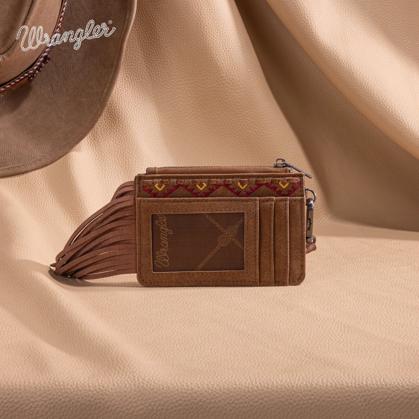 WG233-W069 Wrangler Aztec Embroidered Fringe Card Wallet/Wristlet -Light Brown
